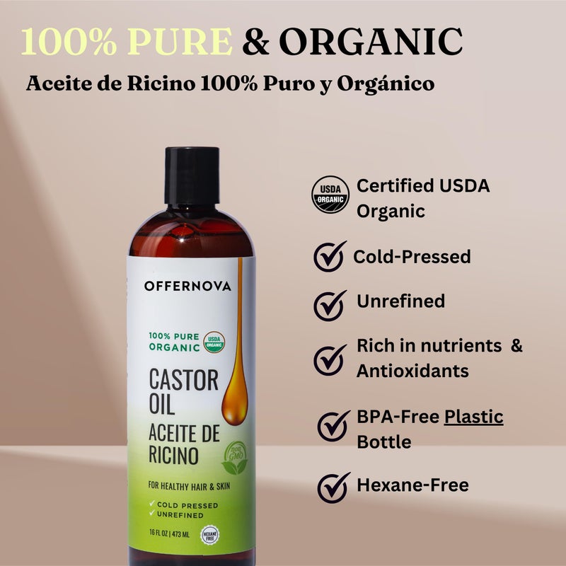 Offernova Castor Oil 16 OZ- Aceite de Ricino - Cold Pressed 100% Pure, Certified Organic, Hexane Free for Eyelashes, Eyebrows, Frizzy, Hair Growth Women and Men, Beard Growth - Image 2